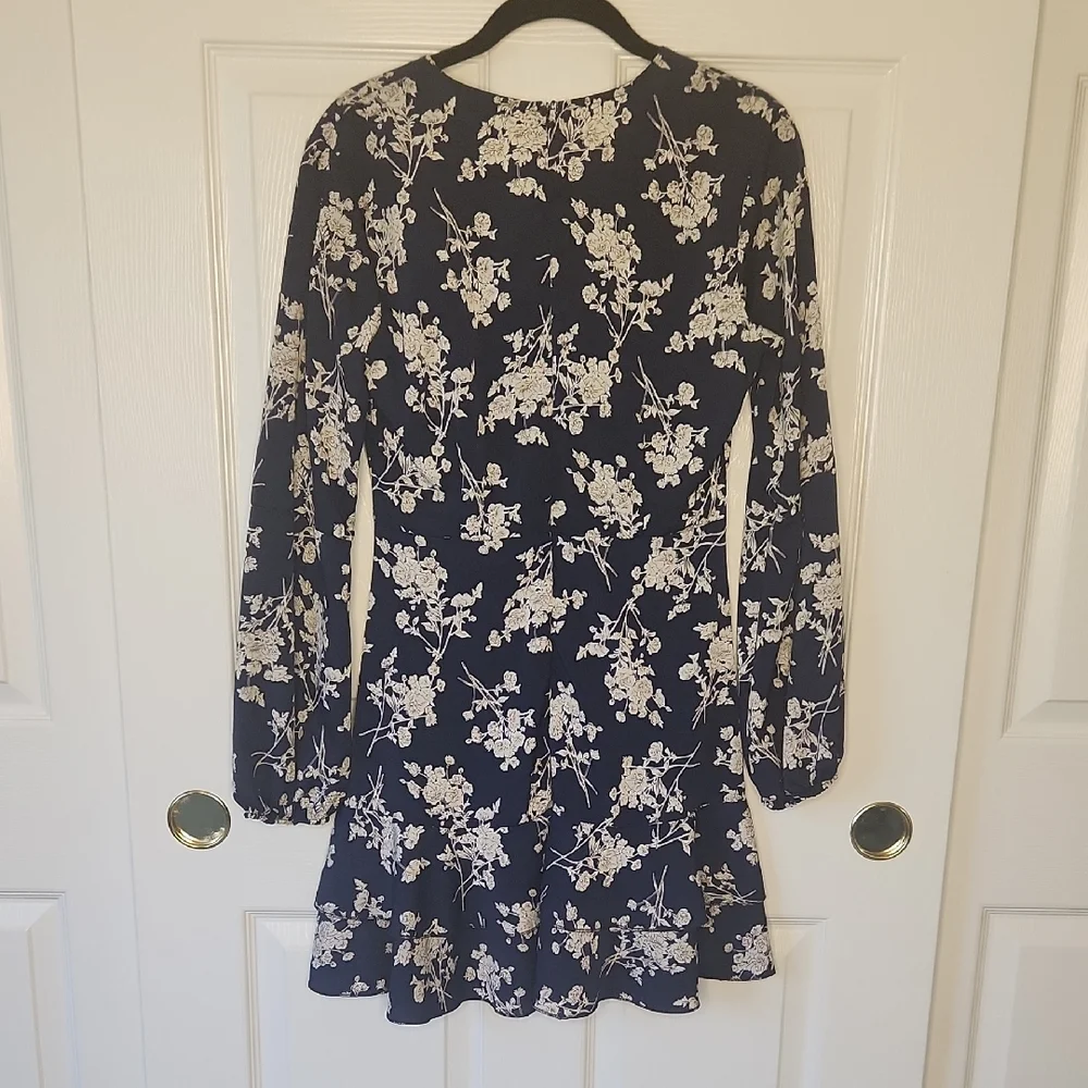Navy Dark Blue Floral Flirty Faux Wrap Fabric Belt Long Sleeve Dress Size M - Picture 10 of 11